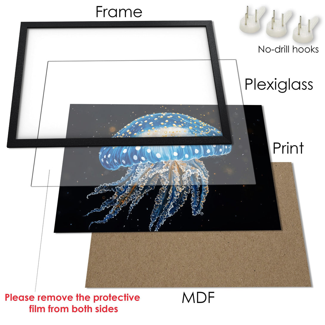 Framed Poster of a jellyfish in blue and black. Artistic style, perfect wall art for your home.