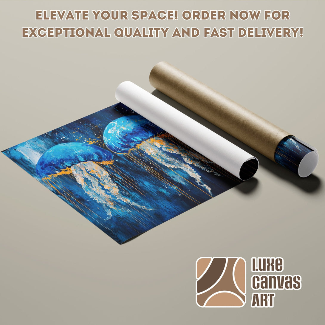 Abstract jellyfish art poster roll in blue and gold. Elevate your space with Luxe Canvas Art.