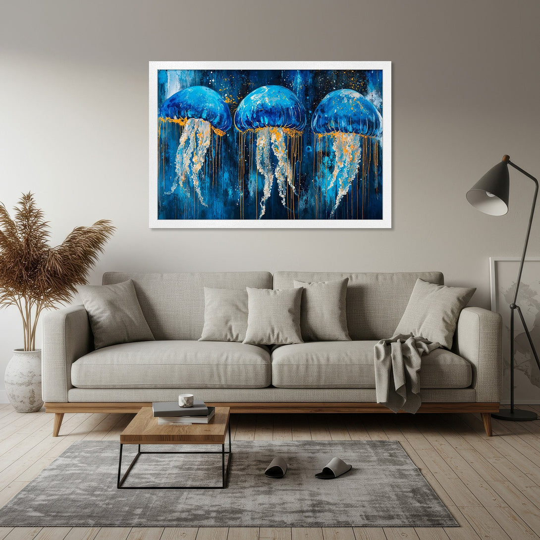Framed Poster featuring abstract jellyfish art in blue and gold tones. Modern wall decor for any room.