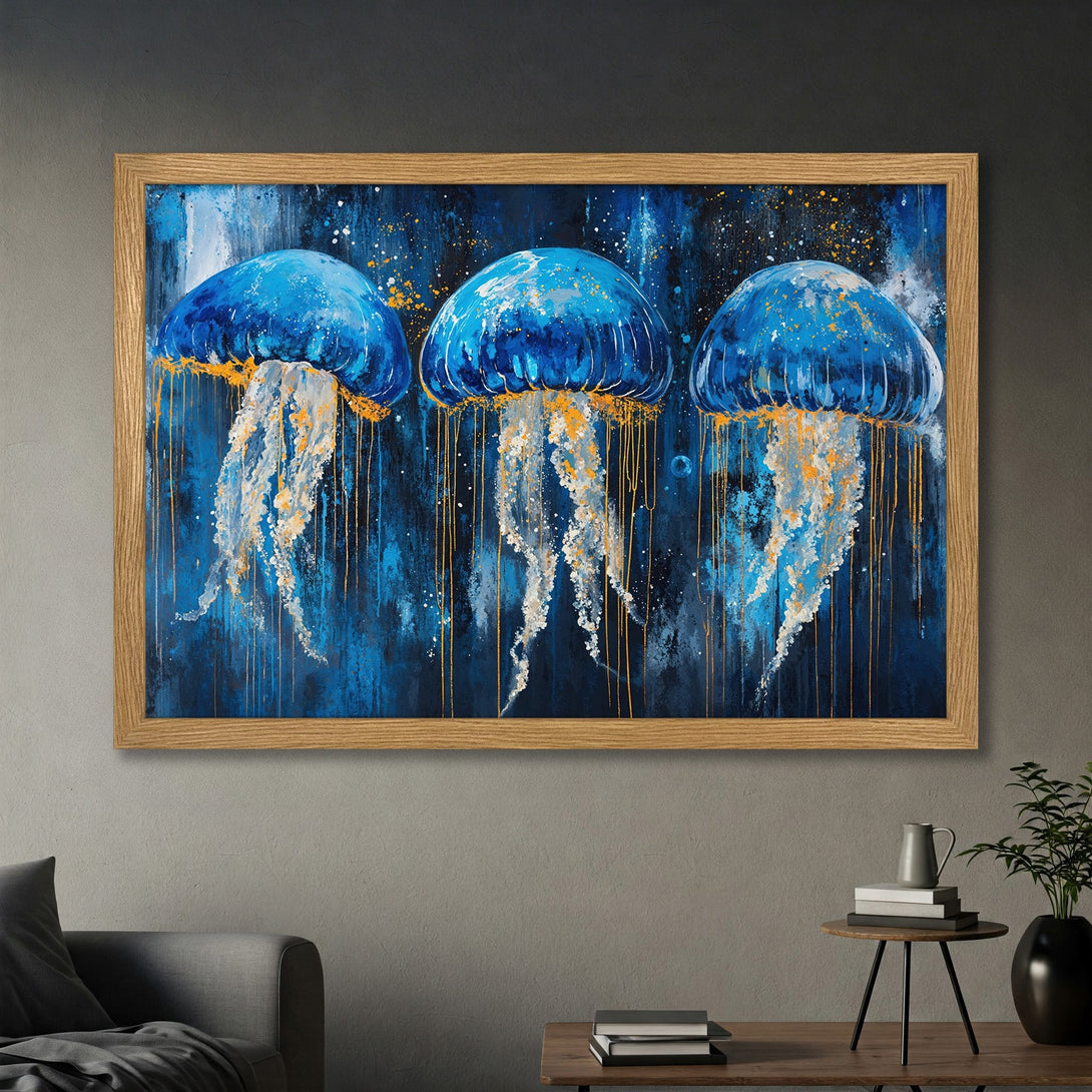 Framed Poster featuring vibrant blue jellyfish art with a dark blue and gold color palette, perfect wall decor.