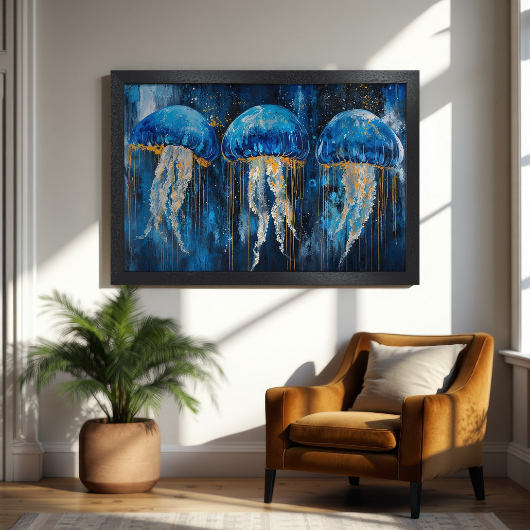 Framed Poster featuring abstract jellyfish art in blue and gold. Modern style, perfect for home decor.