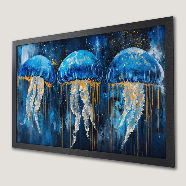 Framed Poster featuring abstract jellyfish art in blue and gold. Modern wall decor for a stylish home.