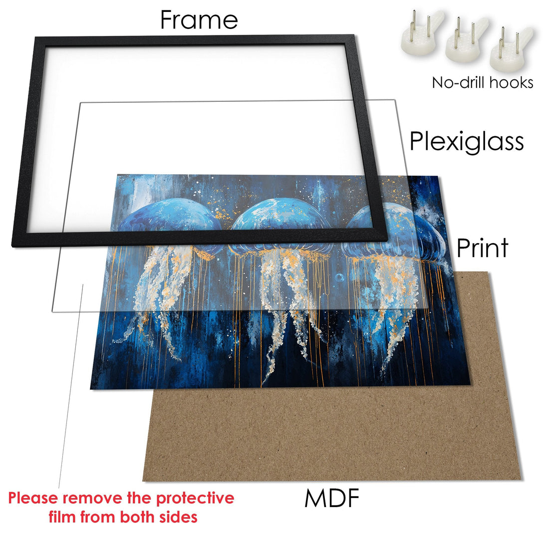 Framed Poster featuring blue jellyfish art. Modern style, deep blue and gold color palette. Ready to hang!