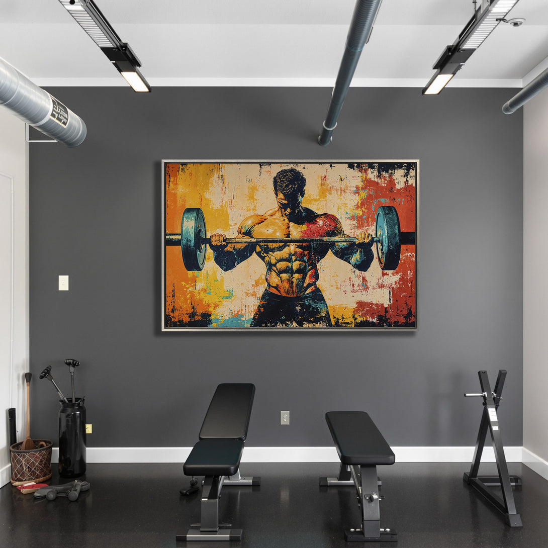 Framed Wall Art of a bodybuilder lifting weights in a gym, abstract style with a bold, colorful palette. Perfect for your home gym!