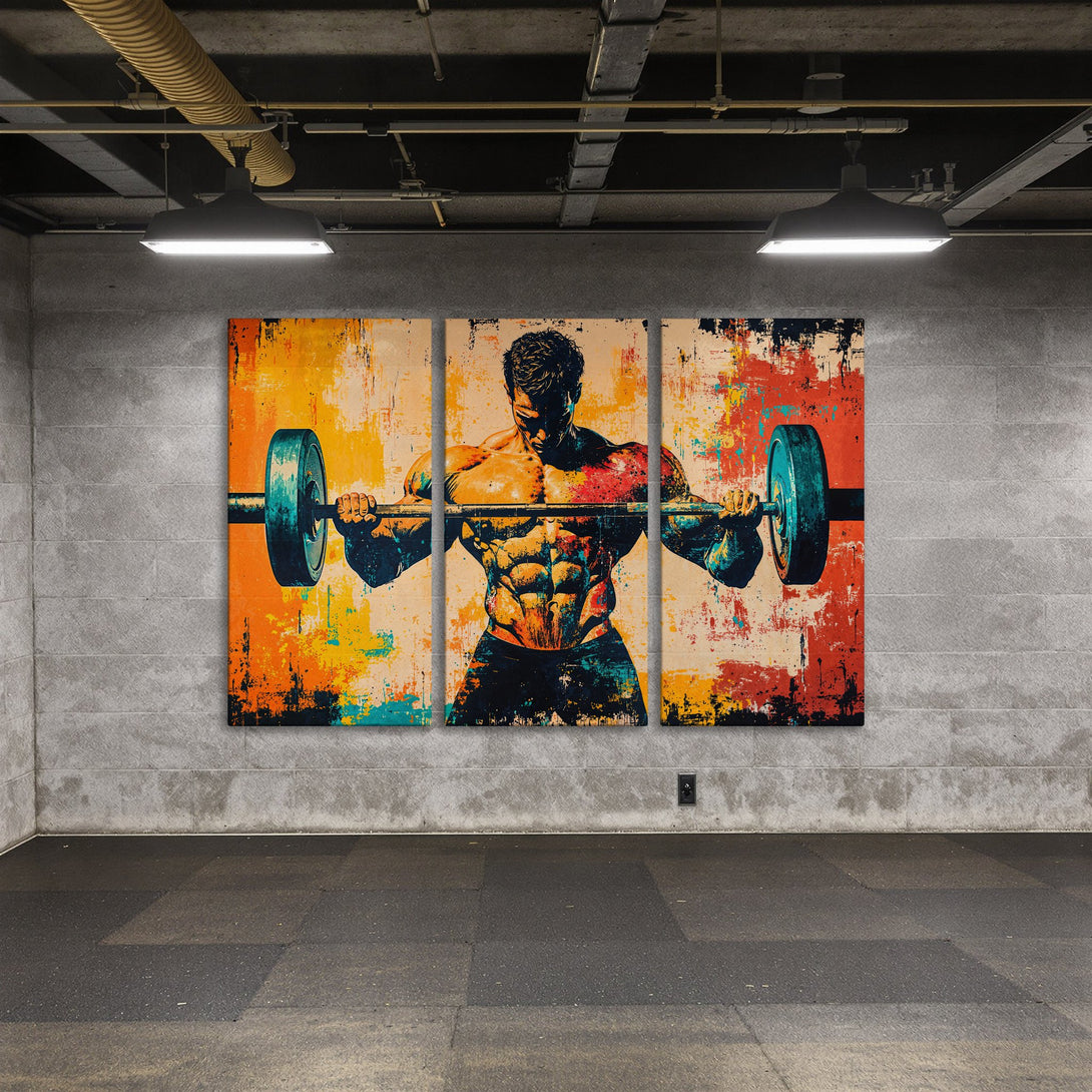 Abstract Canvas Print of a bodybuilder lifting weights. Bold colors of orange, teal, and red. Modern wall art for your home gym.