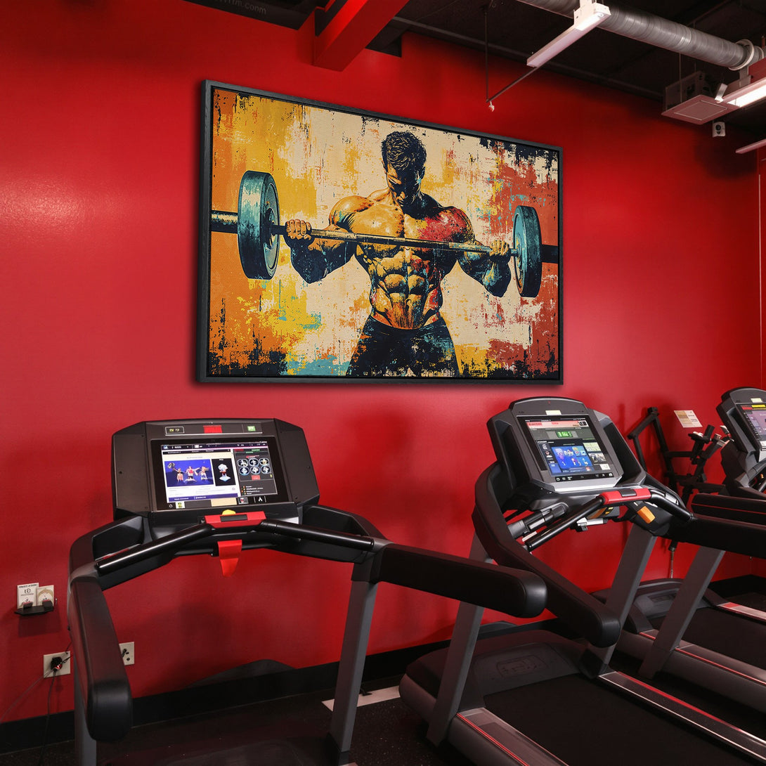 Framed Wall Art: Abstract gym artwork of a weightlifter in a red and yellow color palette. Perfect for home gyms and fitness spaces.
