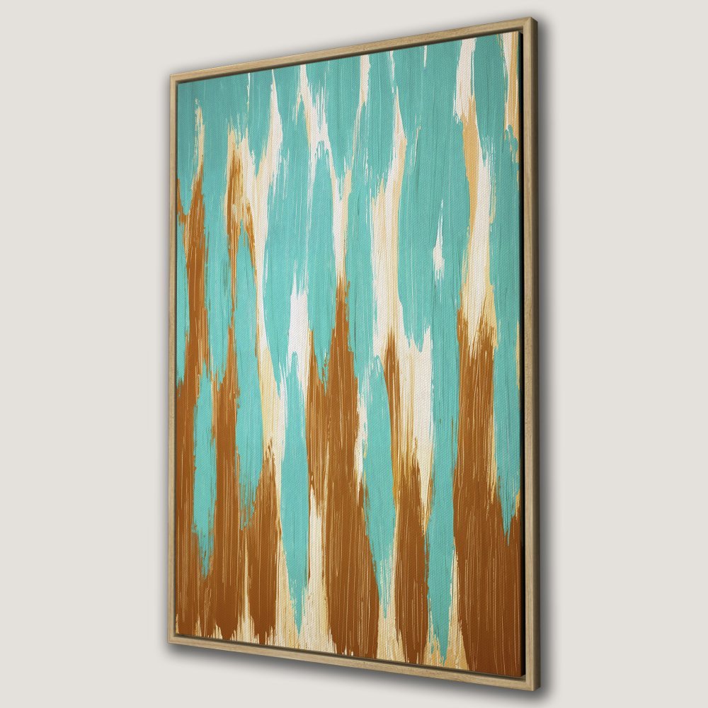 Abstract Canvas Print with teal, brown, and white brushstrokes. Modern framed wall art for a stylish interior.