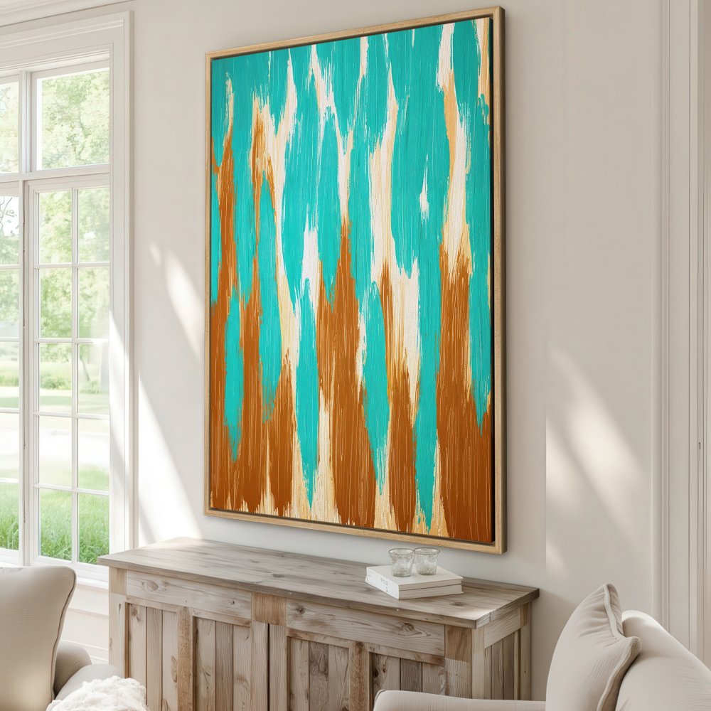 Framed Wall Art: Abstract turquoise and gold brushstroke Canvas Print. Modern art for your home. Adds a pop of color and style.