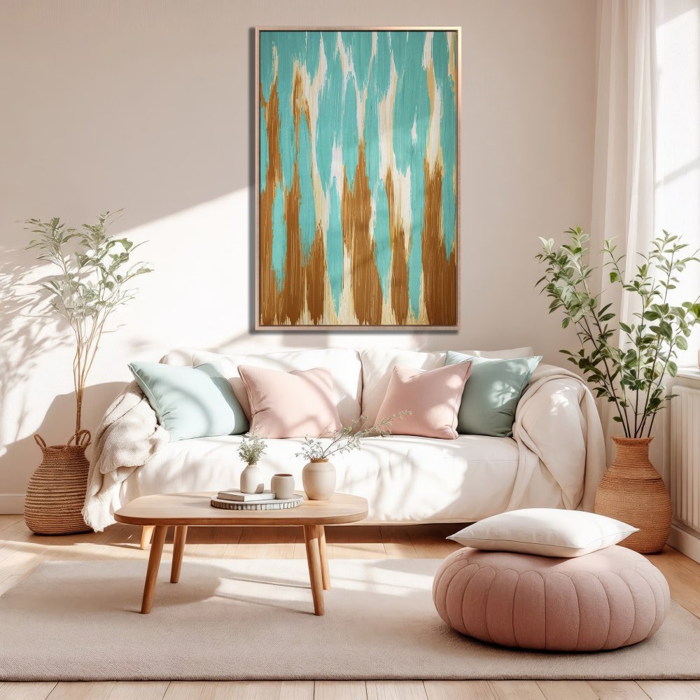 Framed Wall Art: Abstract teal and gold brushstroke Canvas Print, modern art for living room decor.