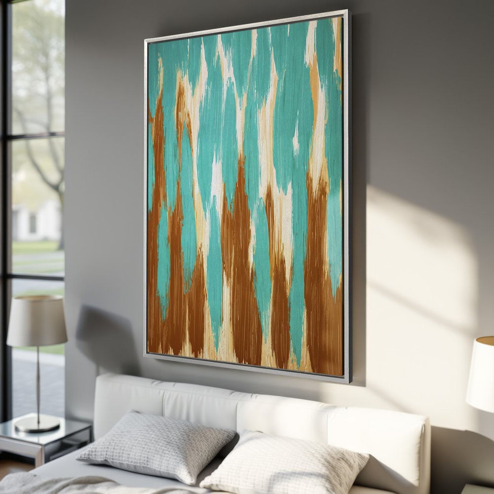 Framed Wall Art: Abstract teal & brown brushstroke canvas print. Modern art for bedroom decor. Adds a pop of color & style.