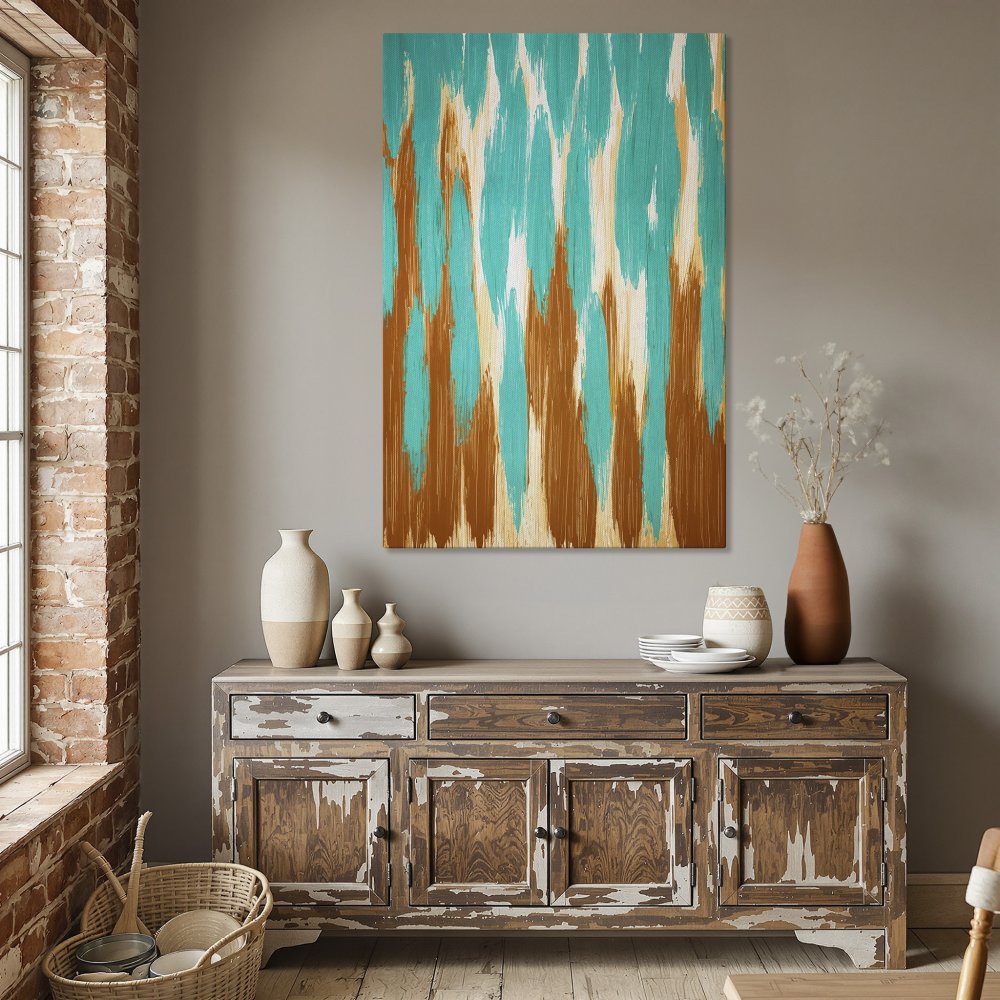 Framed Wall Art: Abstract teal, white, and rust brushstroke Canvas Print. Modern art for dining room decor. Shop now!