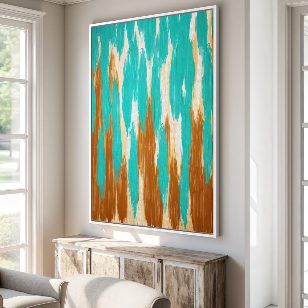 Framed Wall Art: Abstract teal and brown brushstroke Canvas Print. Modern art for living room decor. Add a pop of color to your space!