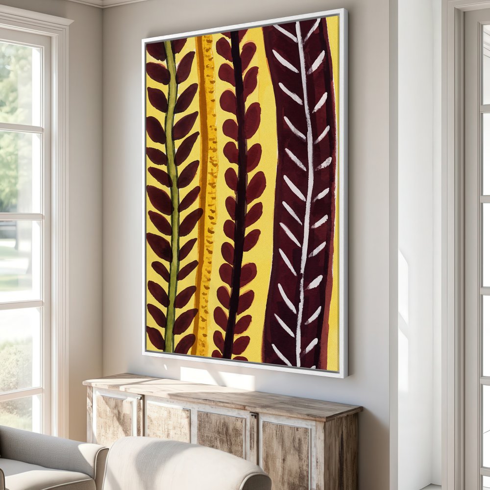 Abstract Canvas Print featuring botanical design in warm yellow, burgundy, and green tones. Perfect modern wall art for any room!