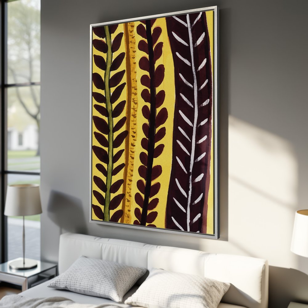 Framed Wall Art: Abstract botanical Canvas Print in yellow, brown, and green. Modern art for bedroom decor.