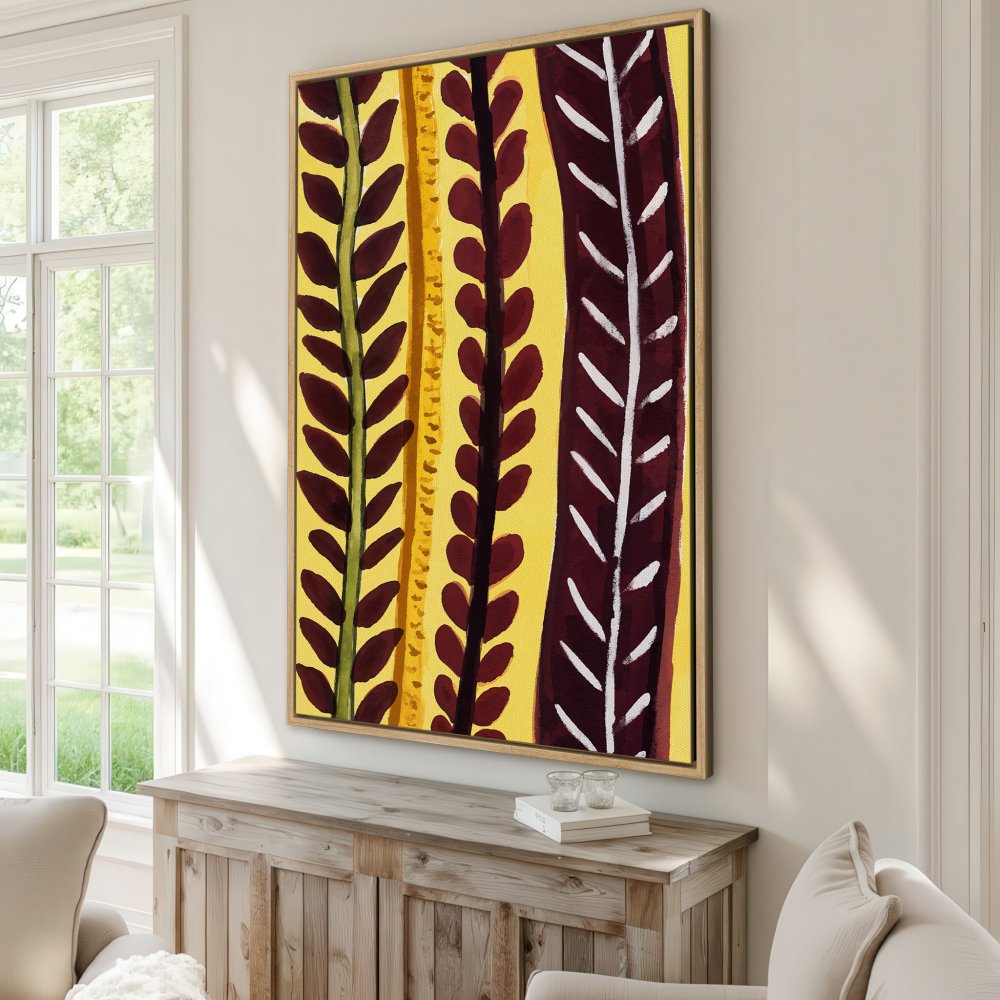 Framed Wall Art: Abstract botanical Canvas Print in warm yellow, burgundy, and green. Modern art for a stylish home.