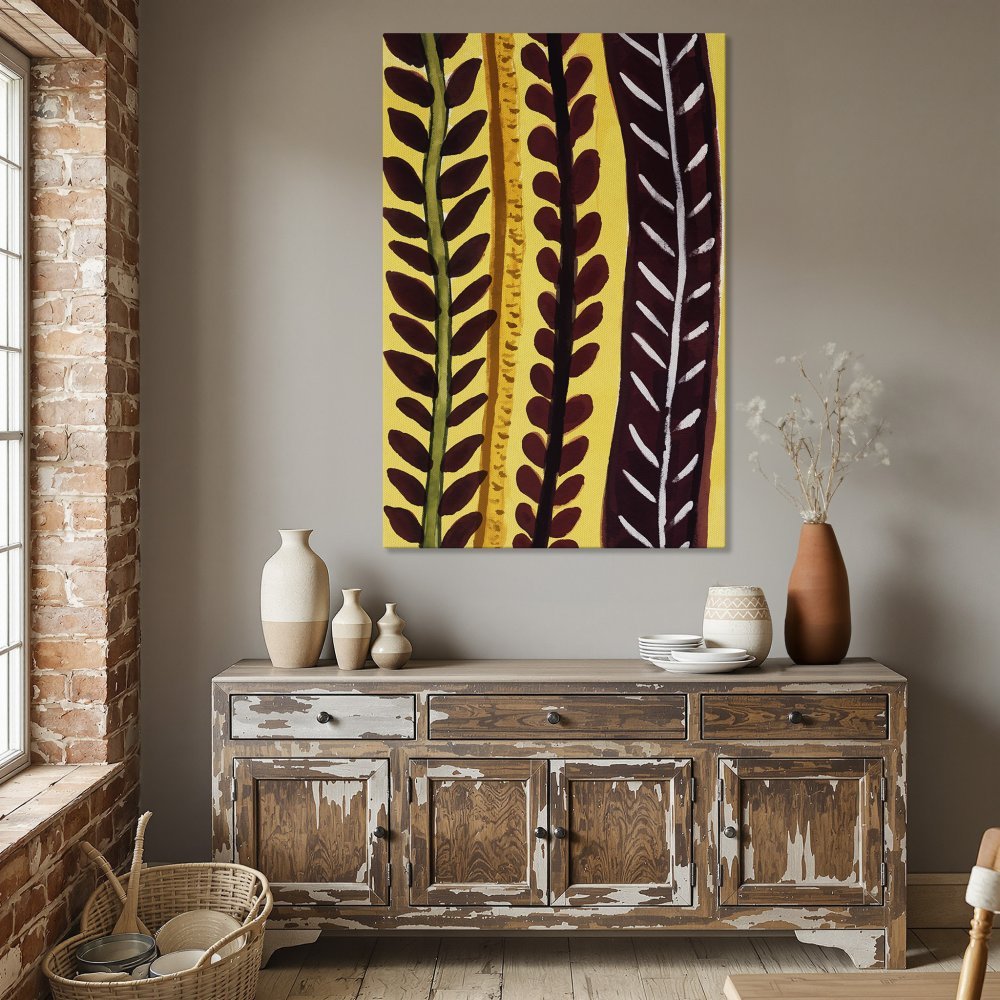 Framed Wall Art: Abstract botanical print in warm yellow, burgundy, and green. Perfect for dining room decor!