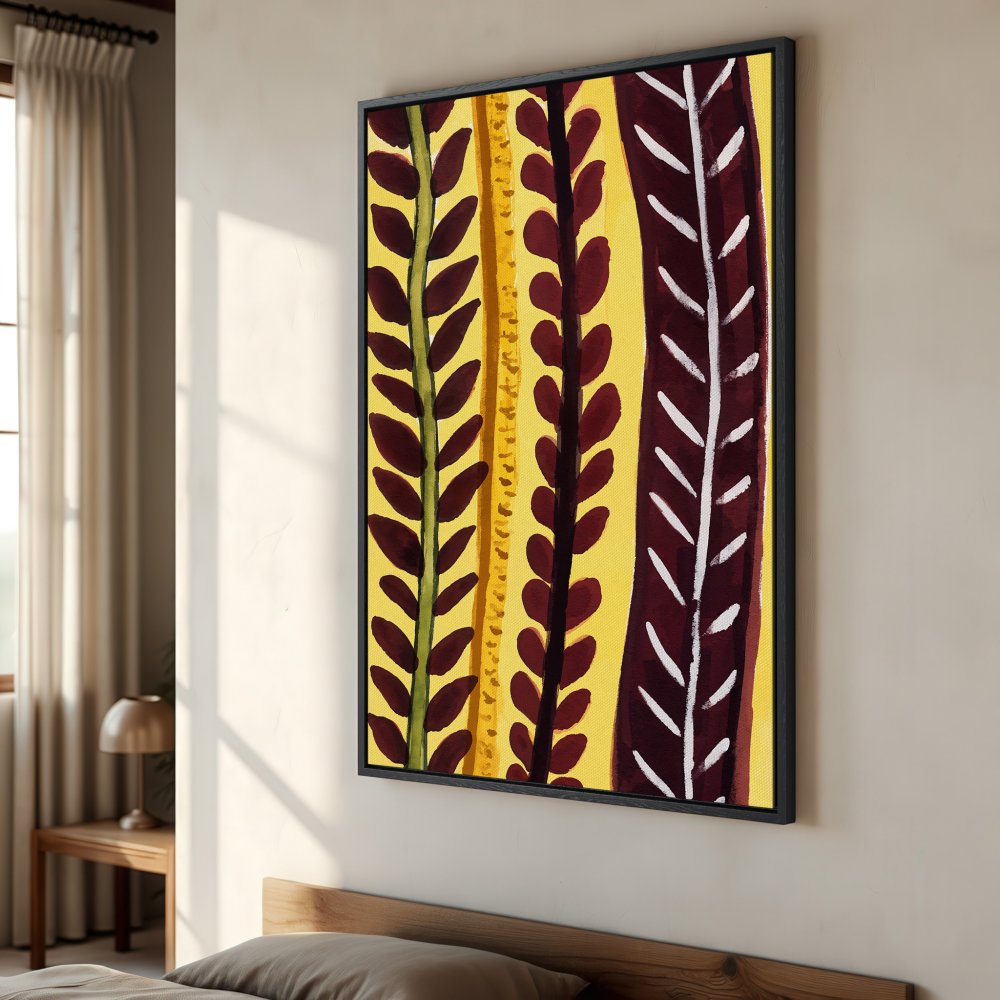 Framed Wall Art: Abstract botanical print in warm yellow, burgundy, and green hues. Modern art canvas print adds a pop of color to any interior.