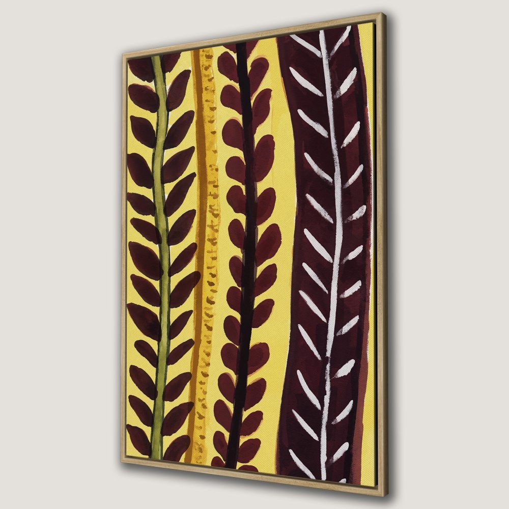 Framed Wall Art: Abstract botanical print in yellow, burgundy, and green. Modern canvas art for your home decor.