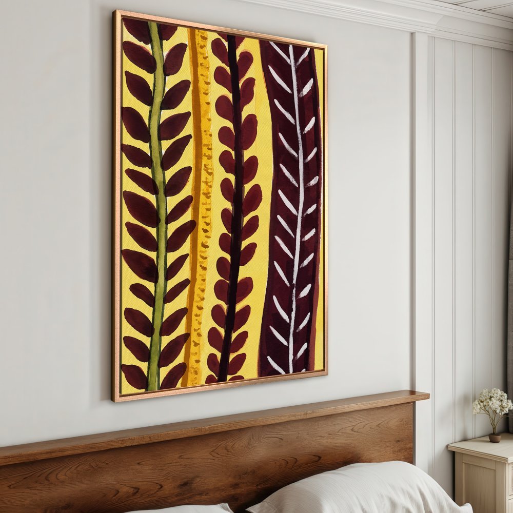 Framed Wall Art: Abstract botanical print in yellow, burgundy, and green. Modern style canvas art for bedroom decor.