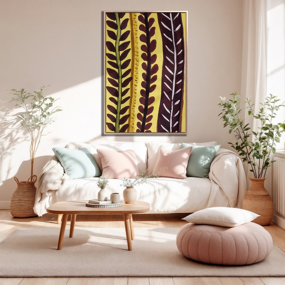 Framed Wall Art: Abstract botanical Canvas Print in warm yellow, burgundy, and green tones. Perfect for adding a touch of modern art to your home decor.