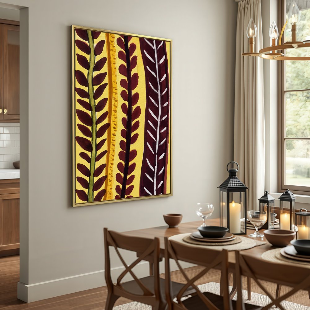 Abstract Canvas Print with botanical design in yellow, brown, and green. Modern wall art for living room decor.