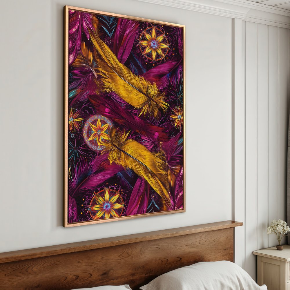 Framed Wall Art: Colorful feather design in gold, purple, and magenta. Modern abstract art perfect for bedroom decor.