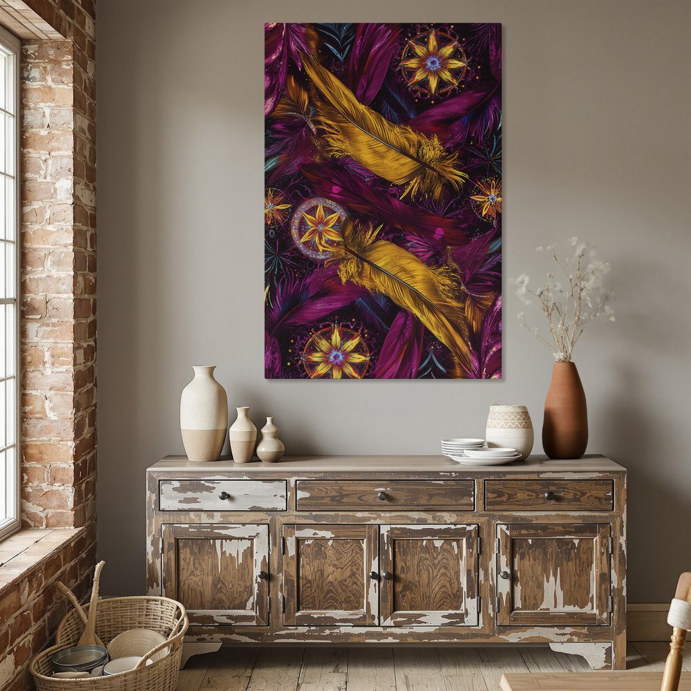 Framed Wall Art: Vibrant feather design in gold, purple, and magenta. Add a pop of color to your dining room with this stunning Canvas Print!