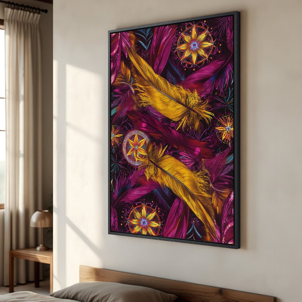 Framed Wall Art featuring vibrant gold and magenta feathers. Boho style Canvas Print adds a pop of color to any room.