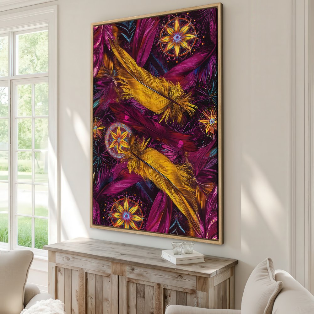Framed Wall Art: Vibrant feather design in gold, purple, and fuchsia. Add a touch of bohemian flair to your space with this stunning canvas print.