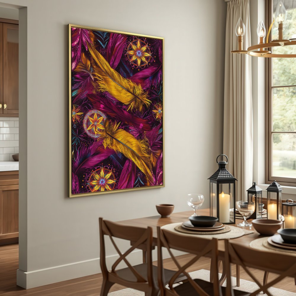 Canvas Print featuring vibrant gold feathers and purple hues, perfect for adding bohemian flair to your home decor.