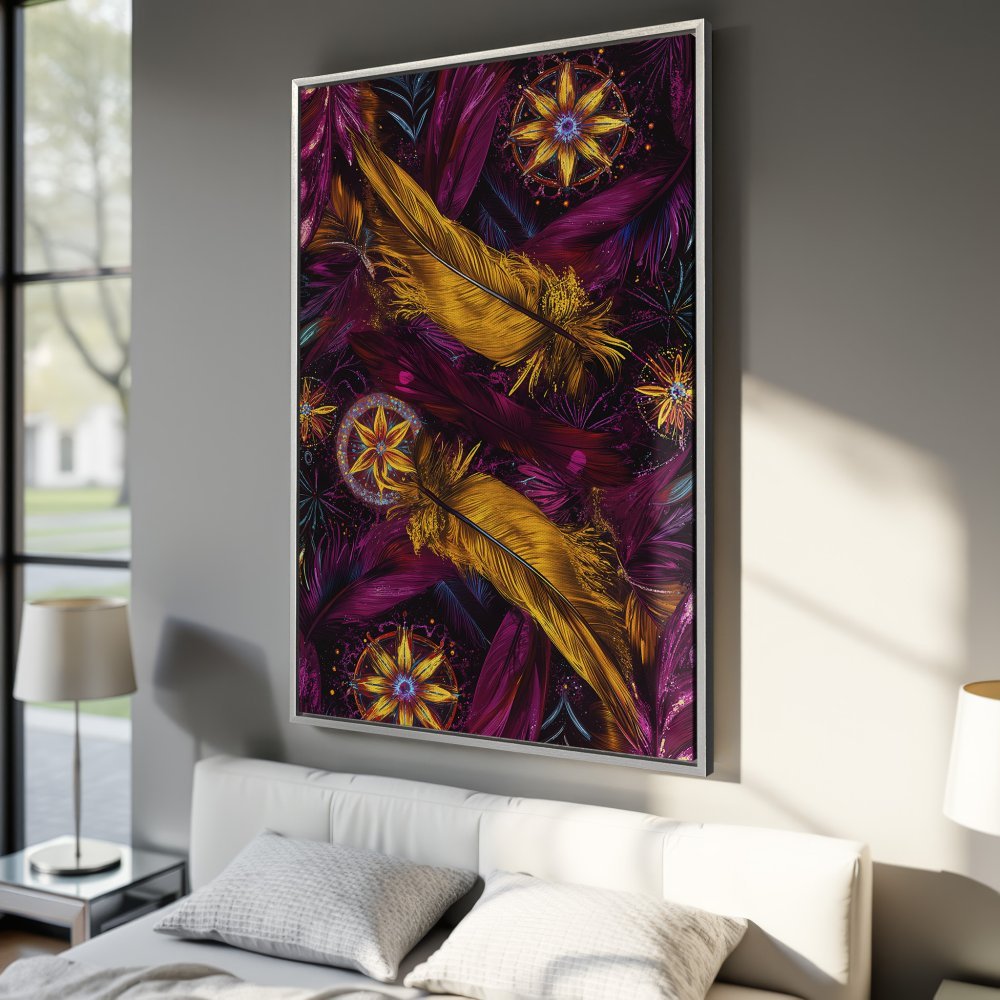 Framed Wall Art: Stunning gold feather design on a Canvas Print. Rich purple and gold color palette. Elevate your home decor with this vibrant piece!