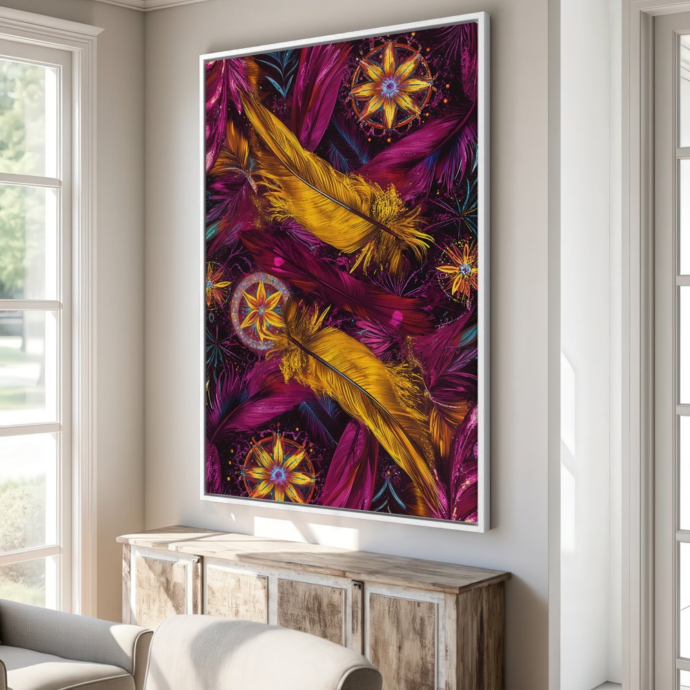 Framed Wall Art featuring vibrant feathers in rich purple, gold, and teal. Add a touch of bohemian style to your space!