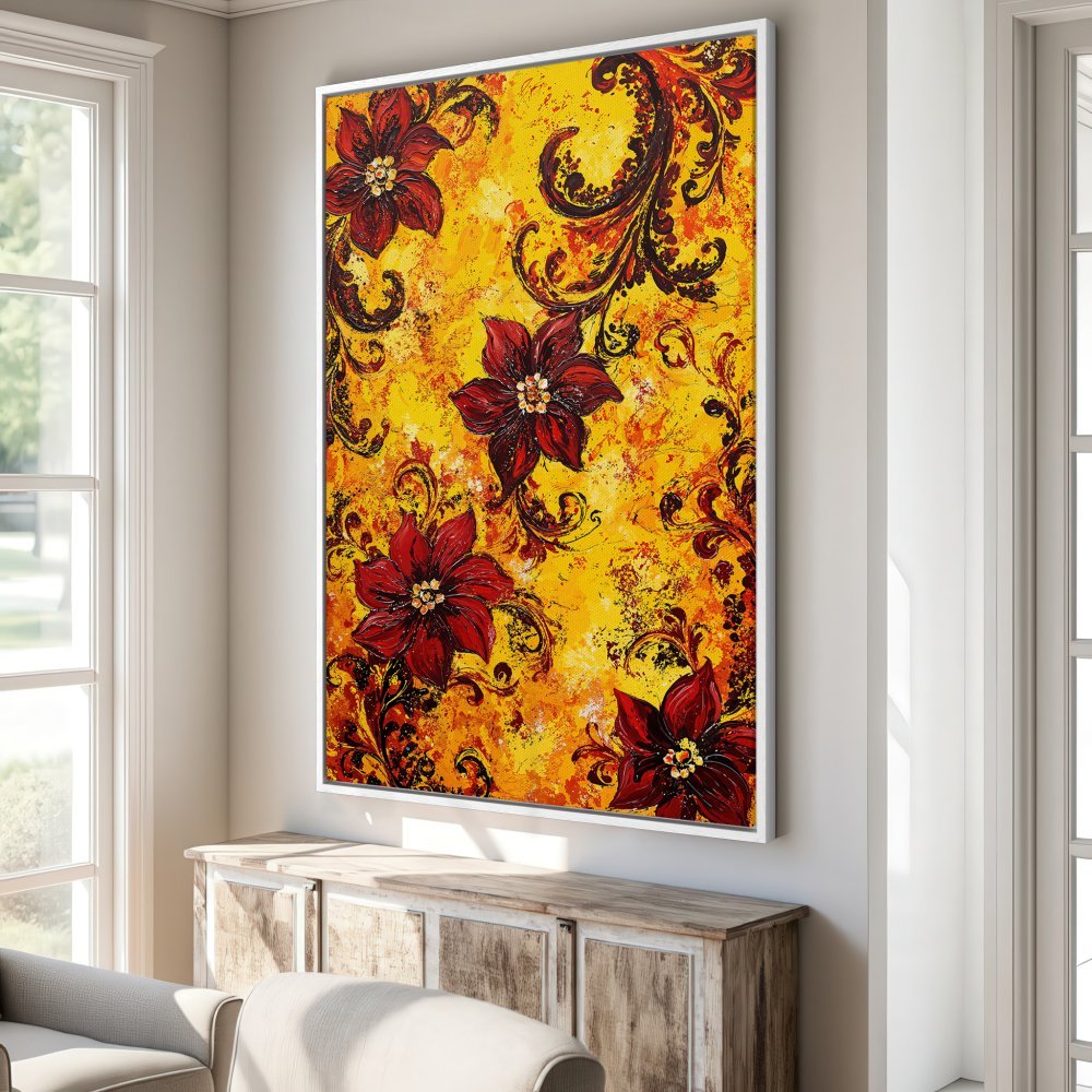 Framed Wall Art featuring vibrant red floral art on a yellow background. Add a pop of color with this stunning canvas print!