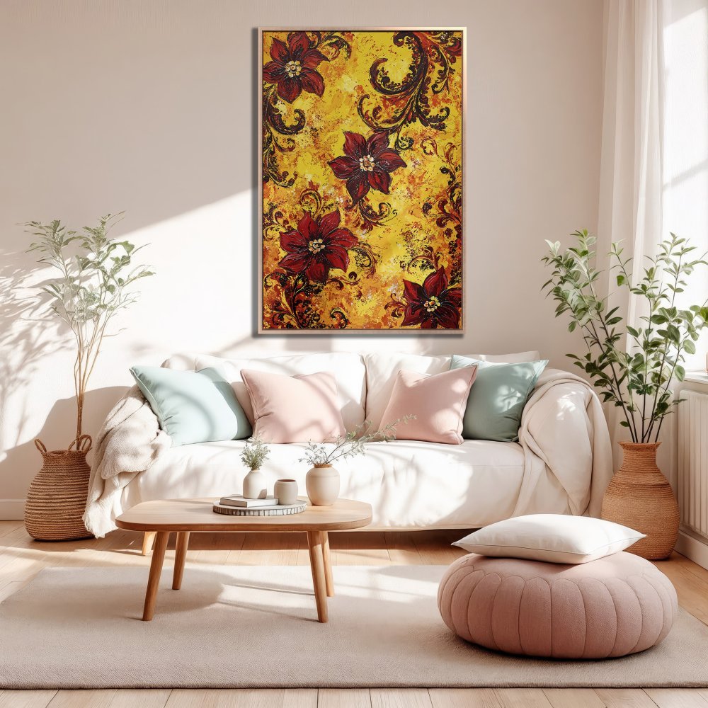 Framed Wall Art: Floral Canvas Print in warm yellow and red tones, adding a touch of elegance to any living room. Shop now!