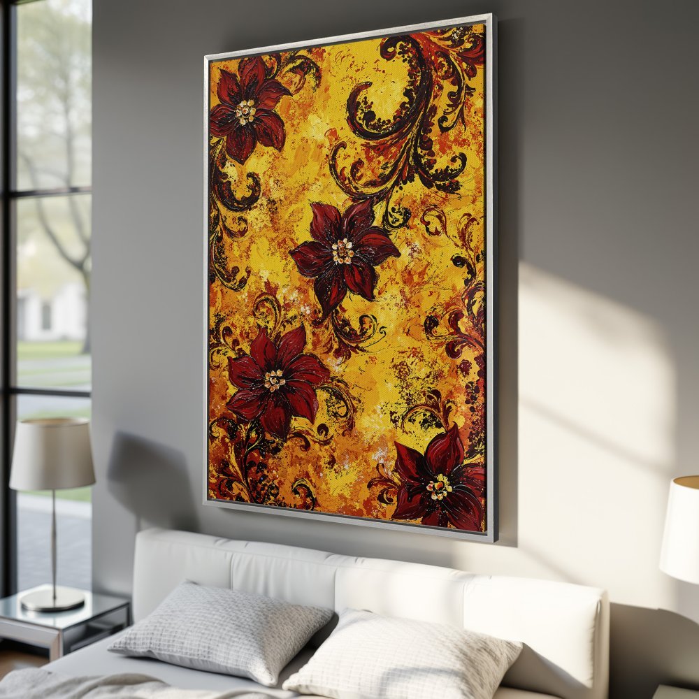Framed Wall Art: Abstract floral Canvas Print in warm yellow and red tones. Adds a touch of elegance to any interior. Shop now!
