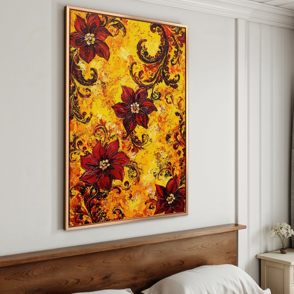 Framed Wall Art: Bold red floral Canvas Print on a vibrant yellow background. Adds a touch of luxury and warmth to any space.
