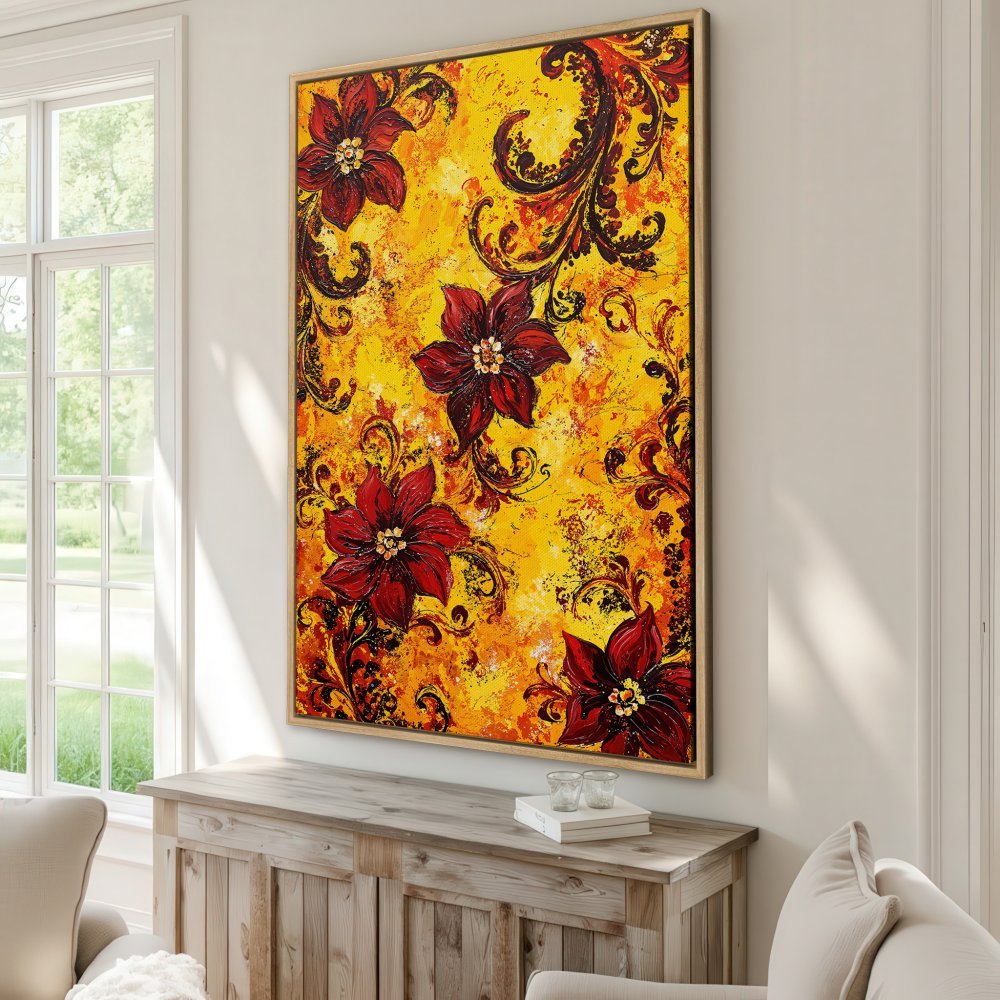 Framed Wall Art: Bold floral Canvas Print in warm yellow, red, and black. Adds a touch of artistic flair to any space. Shop now!
