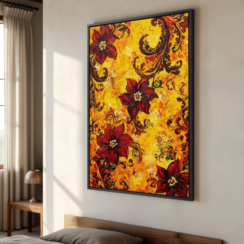 Framed Wall Art featuring vibrant red floral design on a warm yellow background. Add a touch of elegance to your space with this stunning canvas print.