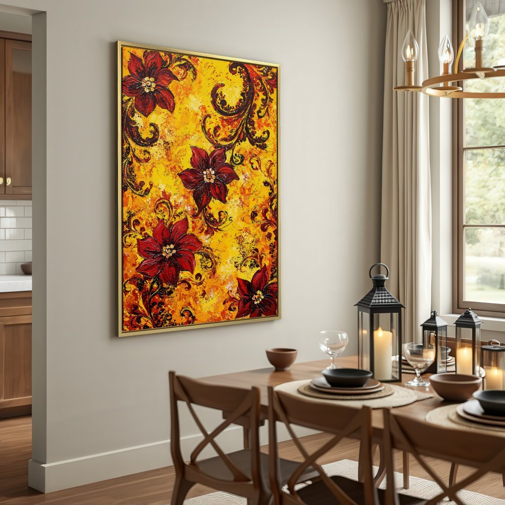 Canvas Print featuring vibrant red floral art on a yellow background. Adds a touch of warmth and elegance to any interior.