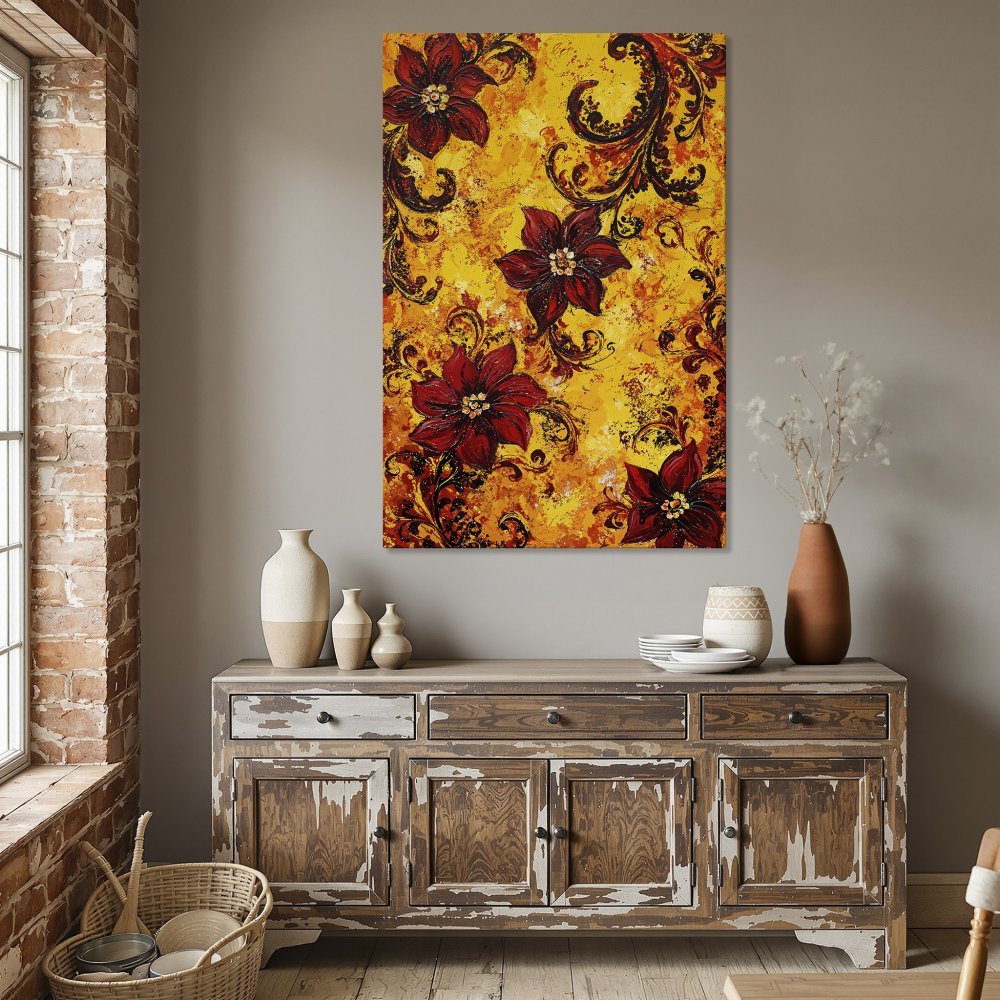 Framed Wall Art featuring vibrant red floral design on a yellow background. Adds a pop of color and artistic flair to any interior space.