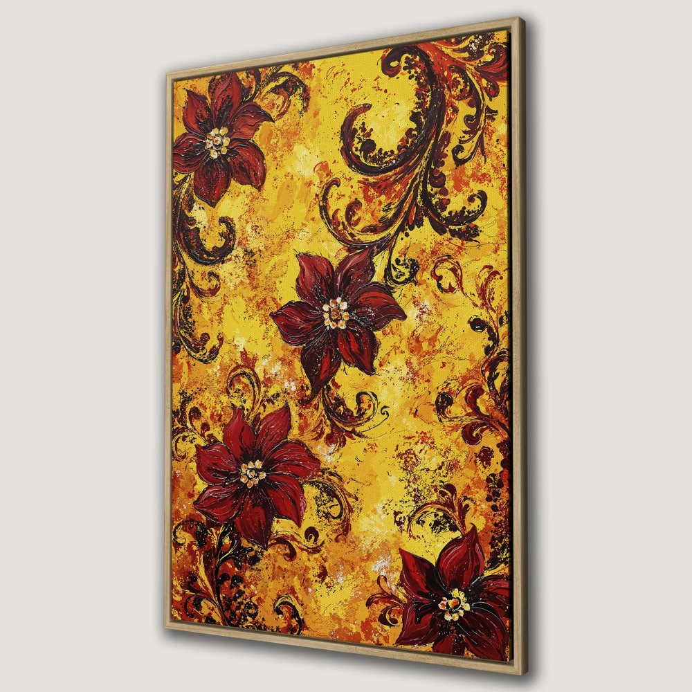 Framed Wall Art: Bold floral Canvas Print with red flowers and intricate black details on a vibrant yellow background. Elevate your space with art!