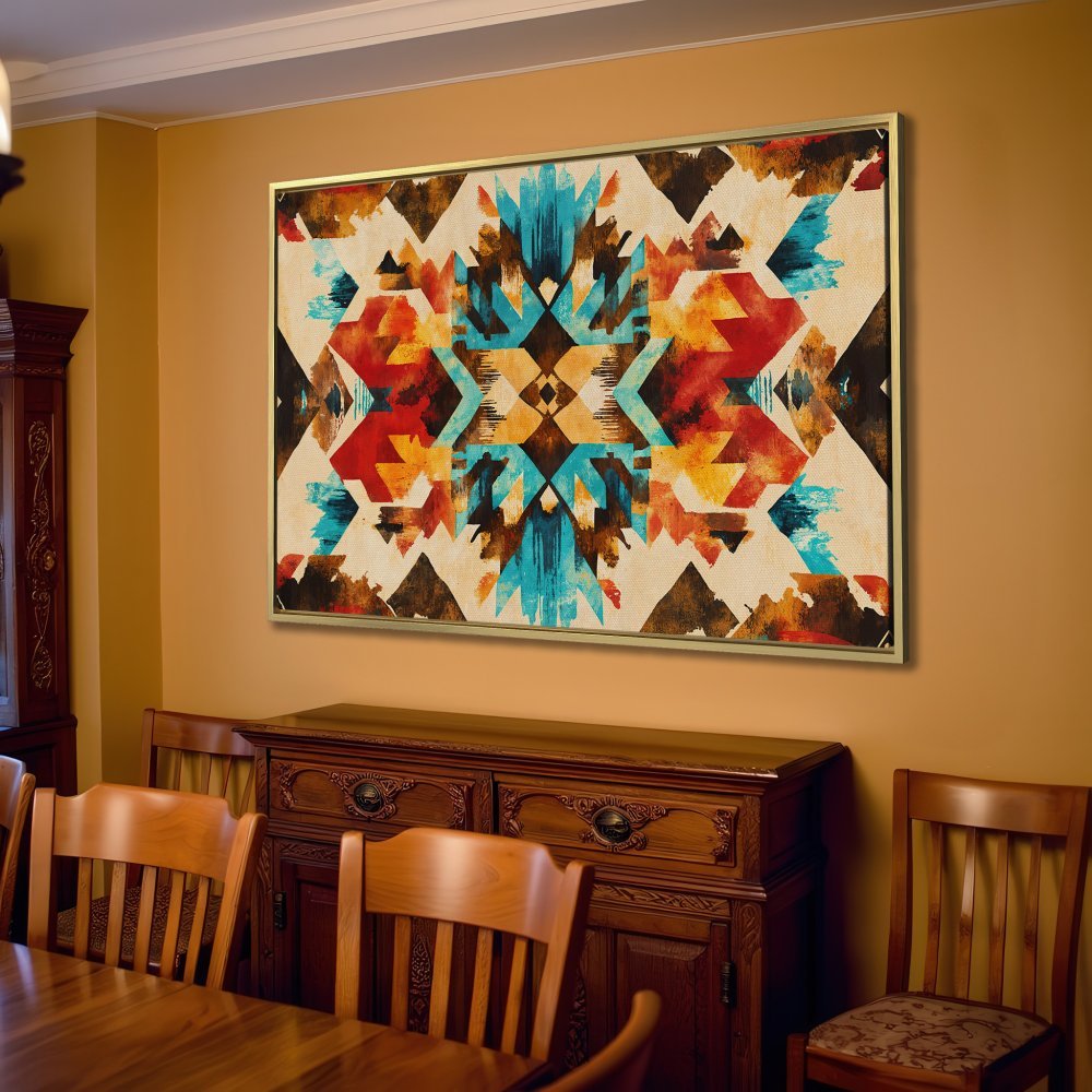 Canvas Print featuring a vibrant, abstract geometric design in warm earth tones with pops of turquoise and red. Perfect wall art!