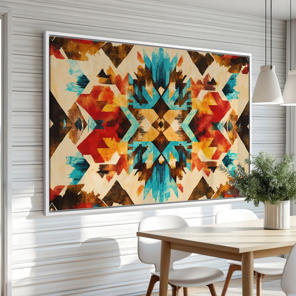Framed Wall Art featuring an abstract geometric design in vibrant turquoise, orange, and brown hues. Perfect for adding a pop of color to any space!