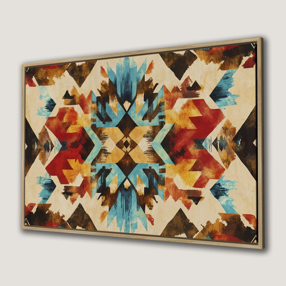 Framed Wall Art: Abstract geometric design in warm earthy tones of red, blue, and yellow. Perfect for adding a touch of bohemian style to your space.