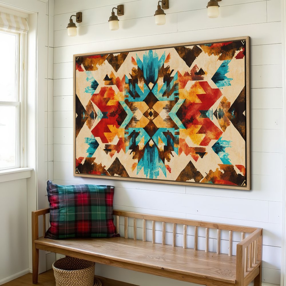 Framed Wall Art: Abstract geometric design in warm, earthy tones. Adds a pop of color to any space. Shop our Canvas Print collection today!