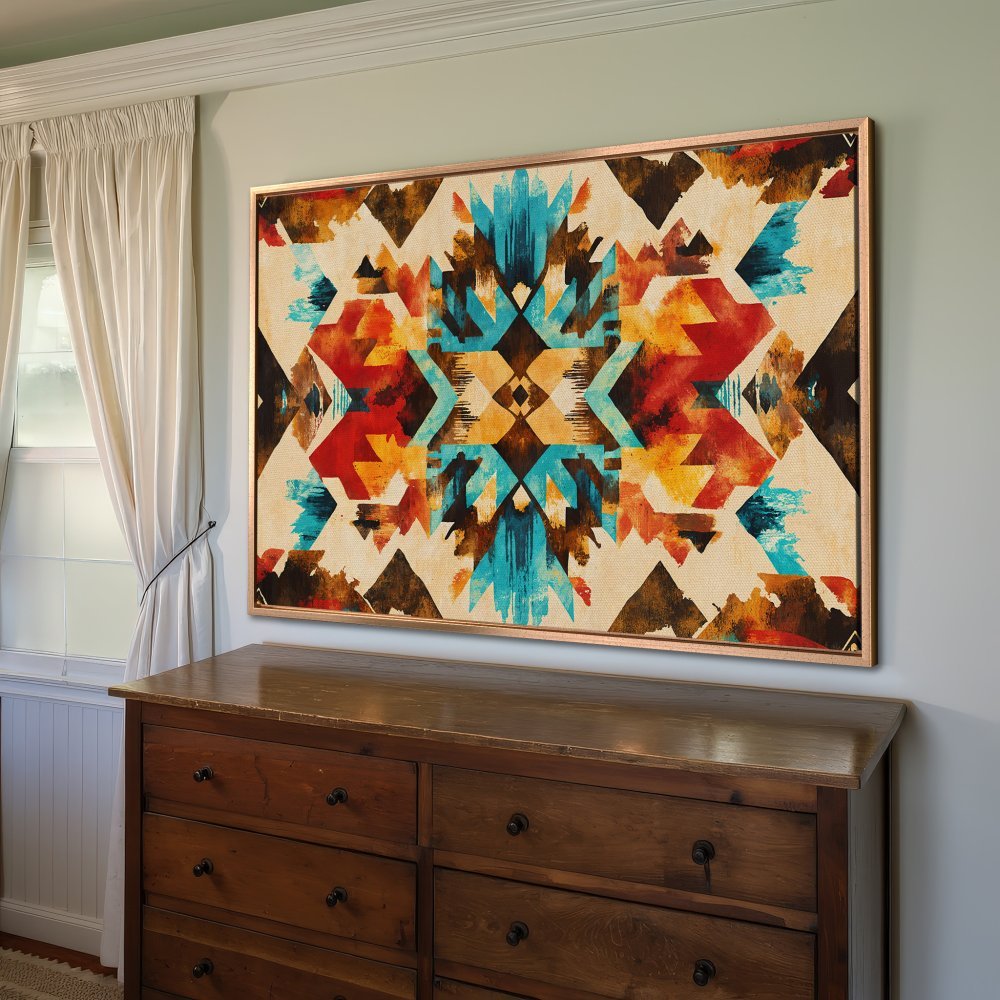 Framed Wall Art: Abstract geometric canvas print in vibrant turquoise, red, and gold hues. Perfect for adding a pop of color and style to your home!