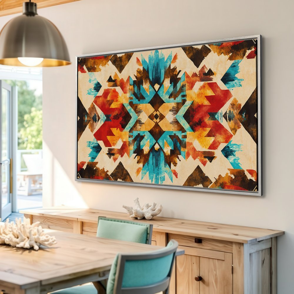 Framed Wall Art: Abstract geometric design in vibrant teal, orange, and red hues. Perfect for adding a pop of color and style to your home!