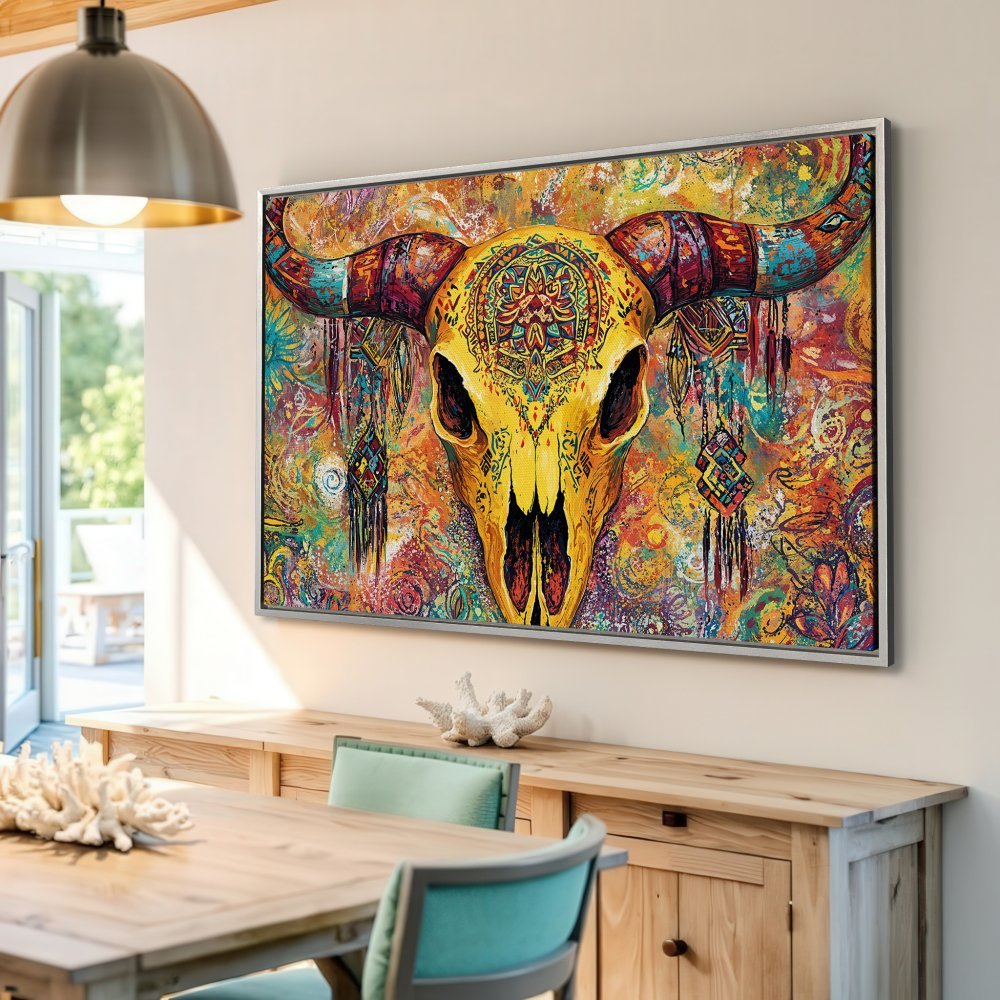 Framed Wall Art: Colorful boho-style Canvas Print of a bull skull, featuring a vibrant yellow, orange, and turquoise palette. Perfect for adding a unique touch!