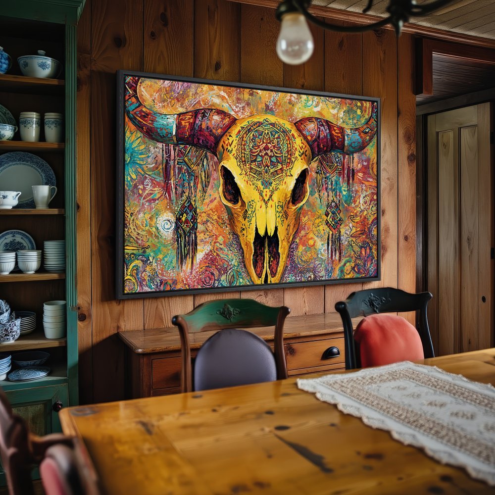 Framed Wall Art: Colorful bull skull canvas print. Boho style art with vibrant yellows, oranges, and turquoise, perfect for adding a statement piece to your home decor.