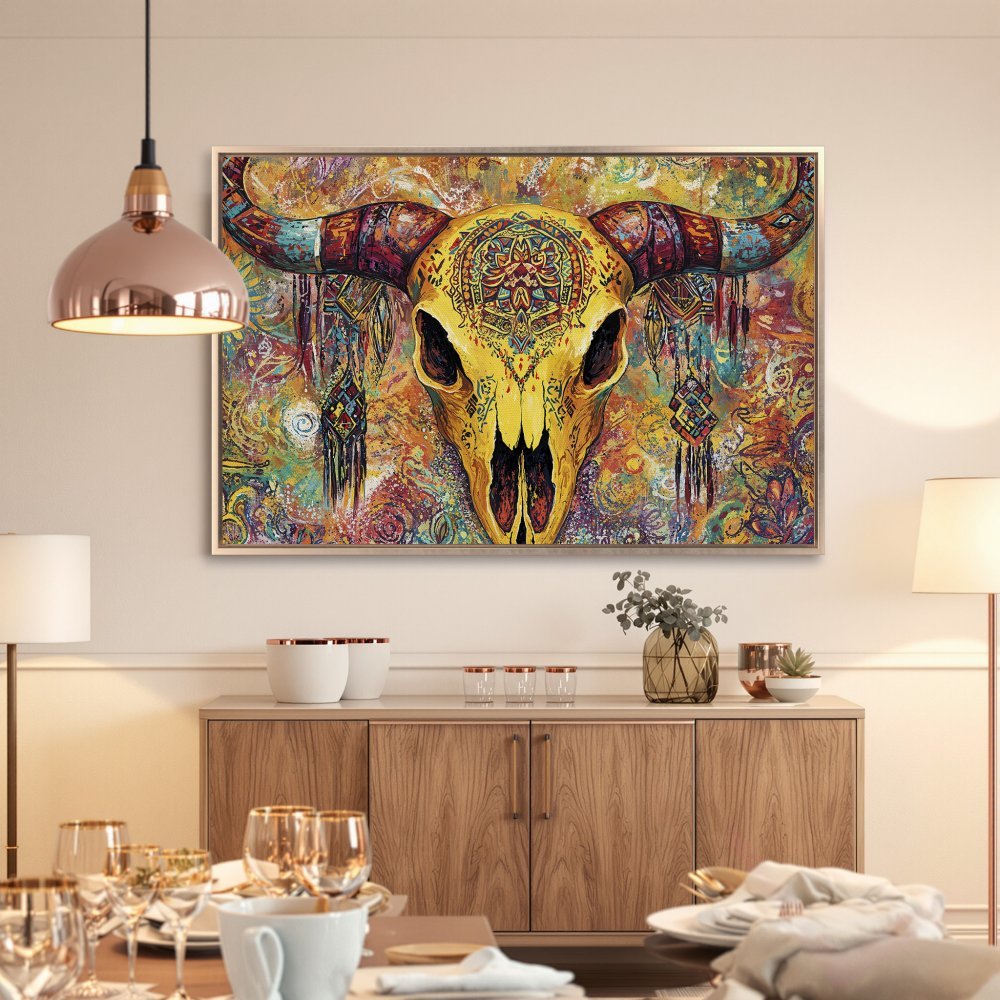 Framed Wall Art: Boho-chic canvas print featuring a vibrant, colorful bull skull. Perfect for adding a unique, artistic touch to your home decor.